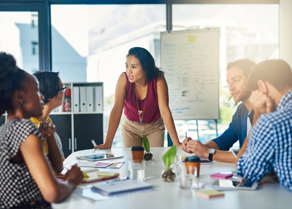 employees in a leadership discussion