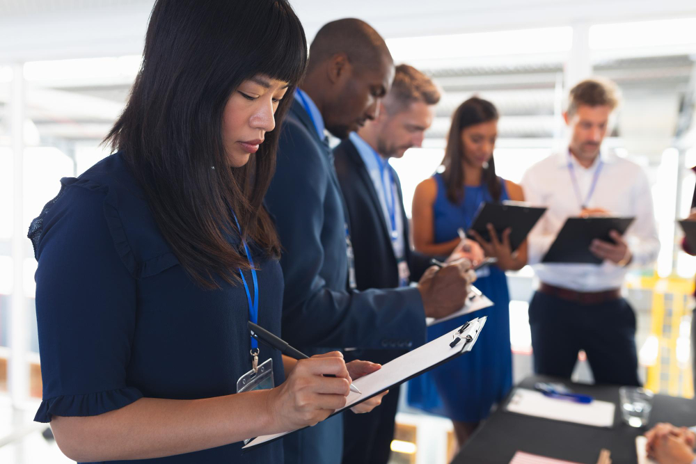 Group of professionals taking notes during comprehensive compliance in the workplace training session