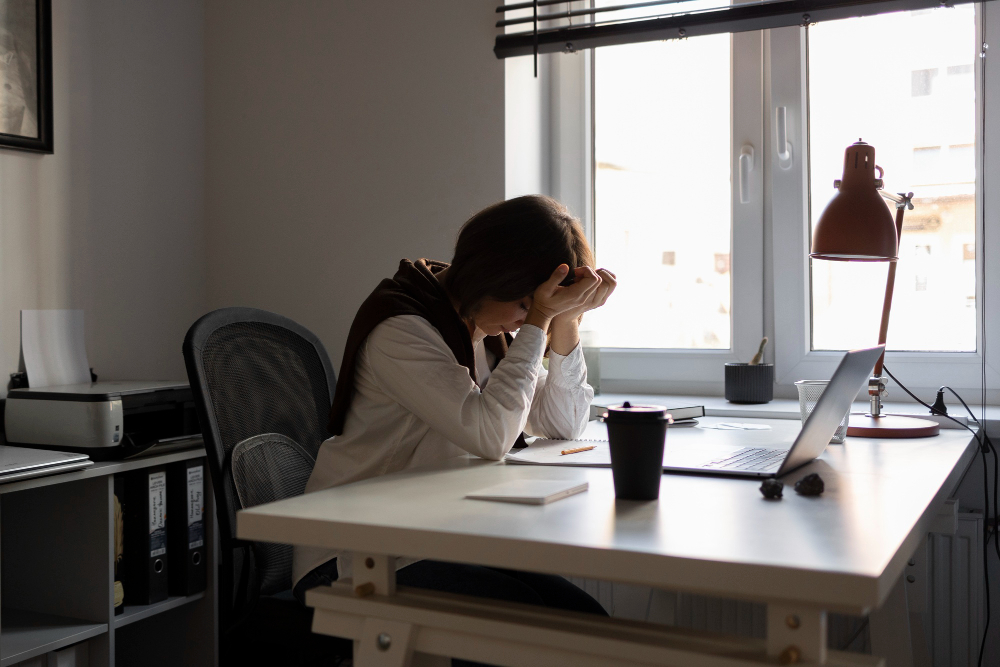 Stressed employee at desk highlighting the cost of neglecting healthy workplace practices