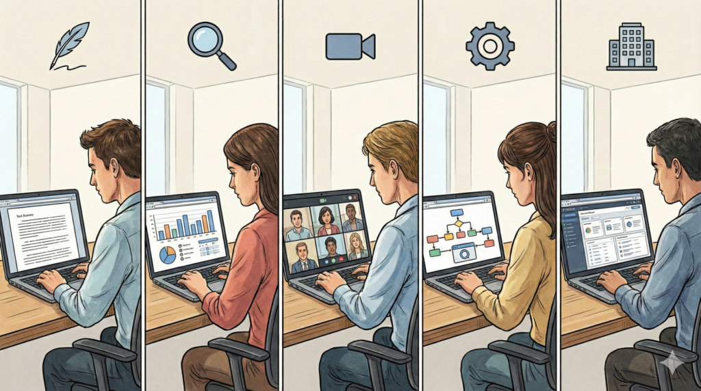 Professionals using AI for writing, data analysis, video meetings, workflow automation, and enterprise